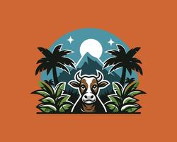 cow in the jungle with palm trees and mountains vector