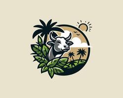 cow with palm trees and sun in the background vector