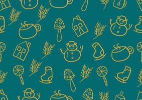 Doodle art of Christmas tree and winter seamless patterns on a green background. For cards, frames, posters, book covers, textiles, wallpaper, wrapping and fabric. vector