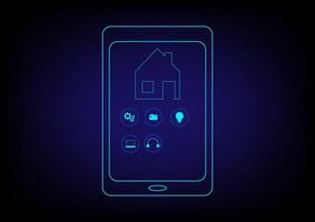 Smart home concept. Futuristic of the house with automation assistant virtual screen. Home and mobile with technology icon on dark blue background. vector