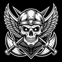 skull in viking helmet with crossed axes on black background vector
