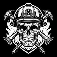 skull in helmet with axes and fire helmet on black background vector