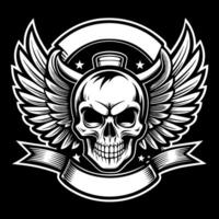 skull with wings and ribbon on black background vector