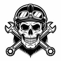 skull with helmet and wrenches in black and white vector