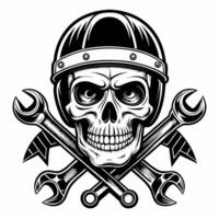 skull in helmet with wrenches and crossed arms vector