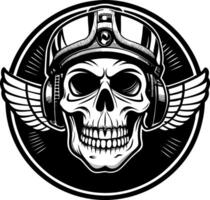 skull with wings and helmet in a black and white design vector