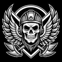 skull with helmet and wings on black background vector