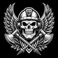 skull with crossed axes and helmet on black background vector