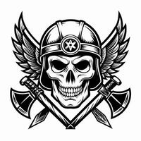 skull in helmet with crossed axes and wings vector