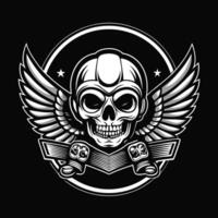 skull with wings and ribbon on black background vector