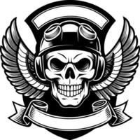 skull with wings and helmet in black and white vector