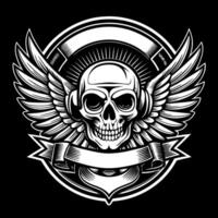skull with wings and banner on black background vector