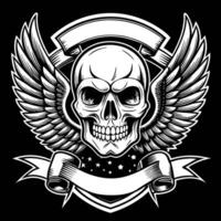 skull with wings and ribbon on black background vector