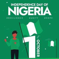 Independence day of Nigeria. 1st October Nigeria Independence day banner, background, post with its flags, a boy character holding flag. The country gained freedom from Britain in 1960. vector
