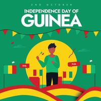 Independence day of Guinea celebration banner, post design with a man holding its flag, abstract art elements in flag colour vector