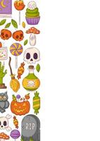 Halloween poster, vertical a4 background, space for text. Colorful scary icons, left side border frame. Holiday skull, sweets, zombie hand, pumpkin. For card, banner, invitation, party, planner vector