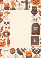 Halloween poster, vertical a4 background, space for text in the middle. Colorful scary icons border frame. Spooky ghost, skull and bones, bat. For banner, invitation, party, planner, postcard vector