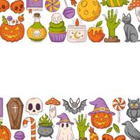 Halloween square poster, space for text in the middle. Colorful bottom and upper frame with spooky, scary icons, skull, ghost, pumpkin, sweets. For card, banner, invitation, party, social media vector
