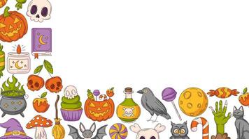 Halloween banner, horizontal background with spooky, scary icons. Flat illustration, colorful corner border frame, space for text. For greeting card, festival, party, invitation, poster vector