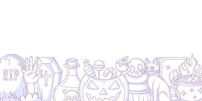 Halloween minimalist banner, horizontal background with spooky, scary purple icons, bottom frame, space for text. Flat illustration. For greeting card, festival, party, invitation, poster vector