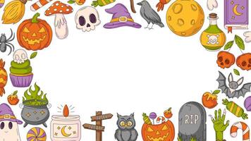 Halloween background, horizontal poster or banner with spooky, scary icons. Flat illustration, colorful border frame, space for text in the middle. For greeting card, party, invitation, holiday vector