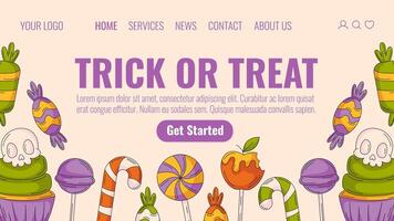 Halloween landing page template. Holiday flat illustration, bottom frame with sweets icons from lollipop, candy cane, cupcake with skull. For website, web page, online, banner, party or sale vector