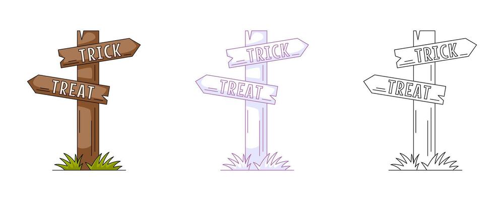 Wooden direction sign, pointer with phrase trick or treat, colorful and line icon set. Flat icon, monochrome purple, color, outline illustration. For logo, sticker, coloring book, label, print