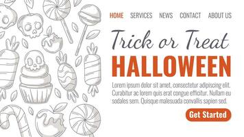 Halloween minimalist landing page template. Holiday flat side border frame with sweets icons. Candy cane, lollipop, skull shape cherry, cupcake. For website, web page, online, banner, party. vector
