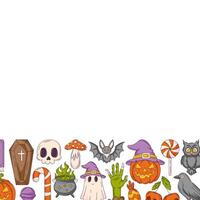 Halloween square poster, space for text. Colorful bottom frame with spooky, scary icons from skull, ghost, pumpkin, sweets, bat. For card, banner, invitation, social media, party or note vector