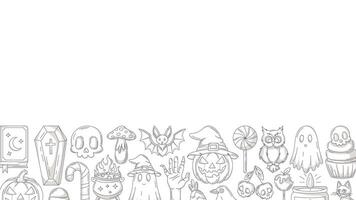 Halloween minimalist banner, horizontal background with spooky, scary icons. Flat illustration, monochrome gray bottom border frame, space for text. For festival, party, invitation, poster vector