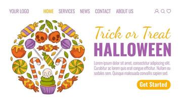 Halloween landing page template. Holiday flat illustration, round shape geometric figure. Sweets from lollipop, candy cane, skull shape cherry. For website, web page, online, banner, party. vector