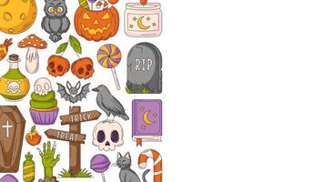Halloween background, horizontal poster with spooky, scary elements. Flat illustration, colorful side border frame, space for text. Template for greeting card, party, invitation, banner vector