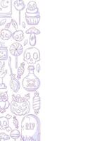 Halloween poster, vertical a4 background, space for text. Minimalist scary icons, left side border frame. Holiday skull, sweets, zombie hand, pumpkin. For banner, invitation, party, planner vector