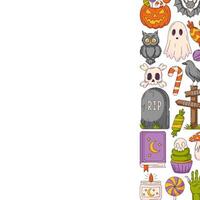 Halloween square poster, space for text. Right side frame with spooky, scary colorful icons from pumpkin, ghost, spell book, bat. For card, banner, invitation, social media, party or note vector