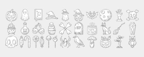 Halloween monochrome black line icons set, editable stroke and color. October scary, spooky collection. Pumpkin, sweets, ghost, spell book, witch hat, skull and bones, zombie hand vector