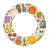 Halloween design, round frame with space for text in the middle. Geometric composition with spooky, scary icons. Flat illustration for greeting card, invitation, print, social media, poster vector