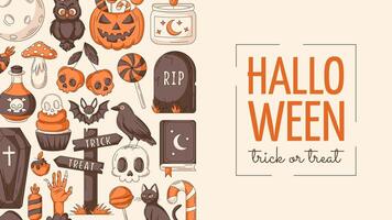 Halloween background, horizontal poster with spooky, scary icons. Flat illustration, colorful side border frame, space for text. Template for postcard, party, invitation, holiday, banner vector