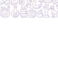 Halloween minimalist square poster, space for text. Upper frame with spooky, scary purple icons from zombie hand, cat, sweets, pumpkin. For card, banner, invitation, social media, party or note vector