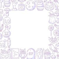 Halloween minimalist square poster, space for text in the middle. Frame with spooky purple icons from pumpkin, ghost, skull, bones. For card, banner, invitation, social media, party or note vector