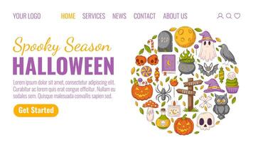 Halloween landing page template. Holiday flat illustration, round shape geometric composition with spooky, scary icons. For website, web page, online, banner, party. Autumn october celebration vector
