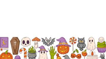 Halloween banner, horizontal background with spooky, scary icons. Flat illustration, colorful bottom border frame, space for text. For greeting card, festival, party, invitation, poster vector
