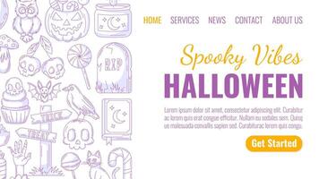Halloween minimalist landing page template. Holiday flat side frame with tombstone, spell book, raven, skull shape cherry, bat, zombie hand, pumpkin icons. For website, web page, online, banner vector