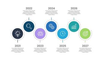 Infographic design template with 7 timelines and colorful circles. Business presentation, milestones, workflow, strategy and planning. vector