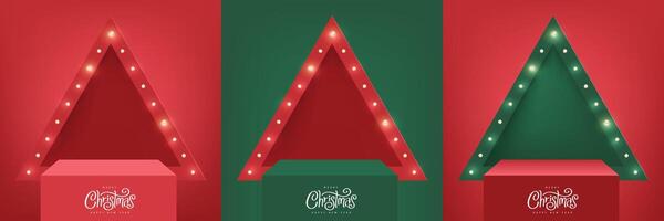 Merry Christmas banner set with product display and Retro light bulbs sign triangle background vector