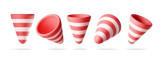 3D set of empty party popper isolated. Render collection of plasticine confetti vector