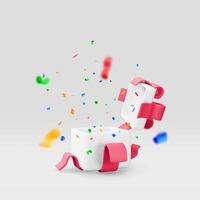 3D open gift box with falling confetti. Render present box surprise vector