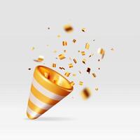 3D party popper with confetti isolated on white. Render paper confetti vector