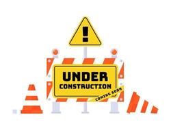 Under Construction stop barrier clipart illustration, Yellow warning sign with a triangle symbol on an under construction background representing danger and caution at a construction site vector