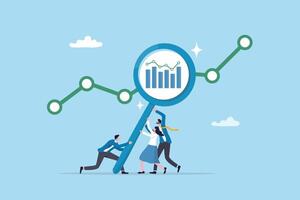Data analysis, optimization or marketing analytics for statistics improvement, growth or KPI measurement result, chart or diagram concept, business people hold magnifying glass analyzing data chart. vector