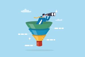Marketing funnel sales prospect discovery, lead generation or Martech and analytics optimization, insight or customer data, conversion rate concept, businessman look binoculars in marketing funnel. vector